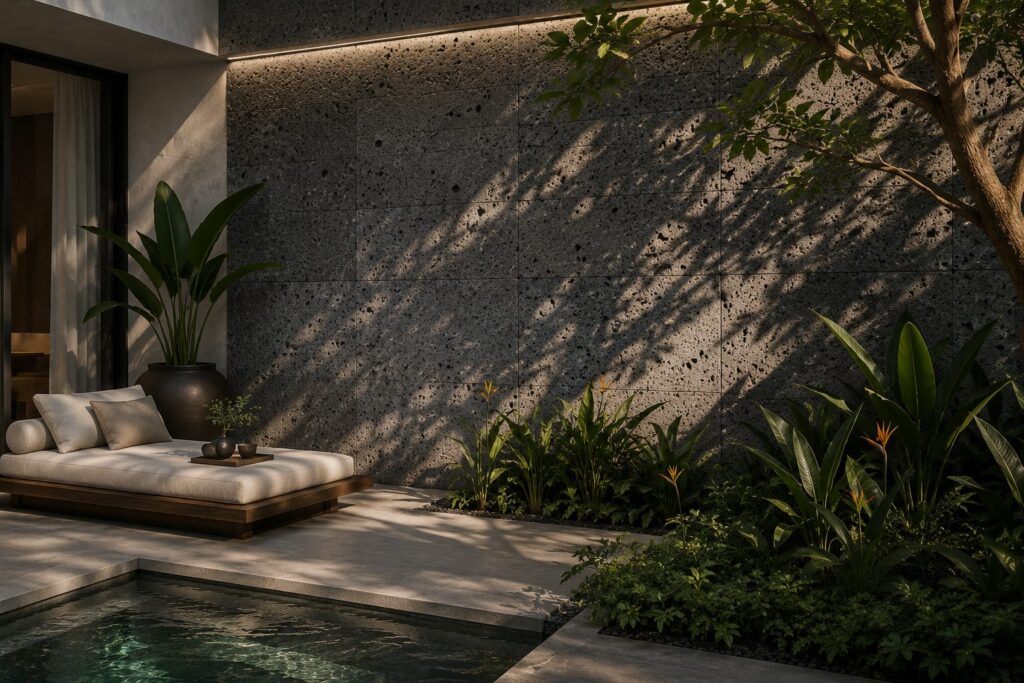 Đá ong xám ứng dụng trong thiết kế sân vườn và hồ bơi, tạo nên không gian tropical hiện đại với vẻ đẹp tự nhiên, mát mẻ và sang trọng.